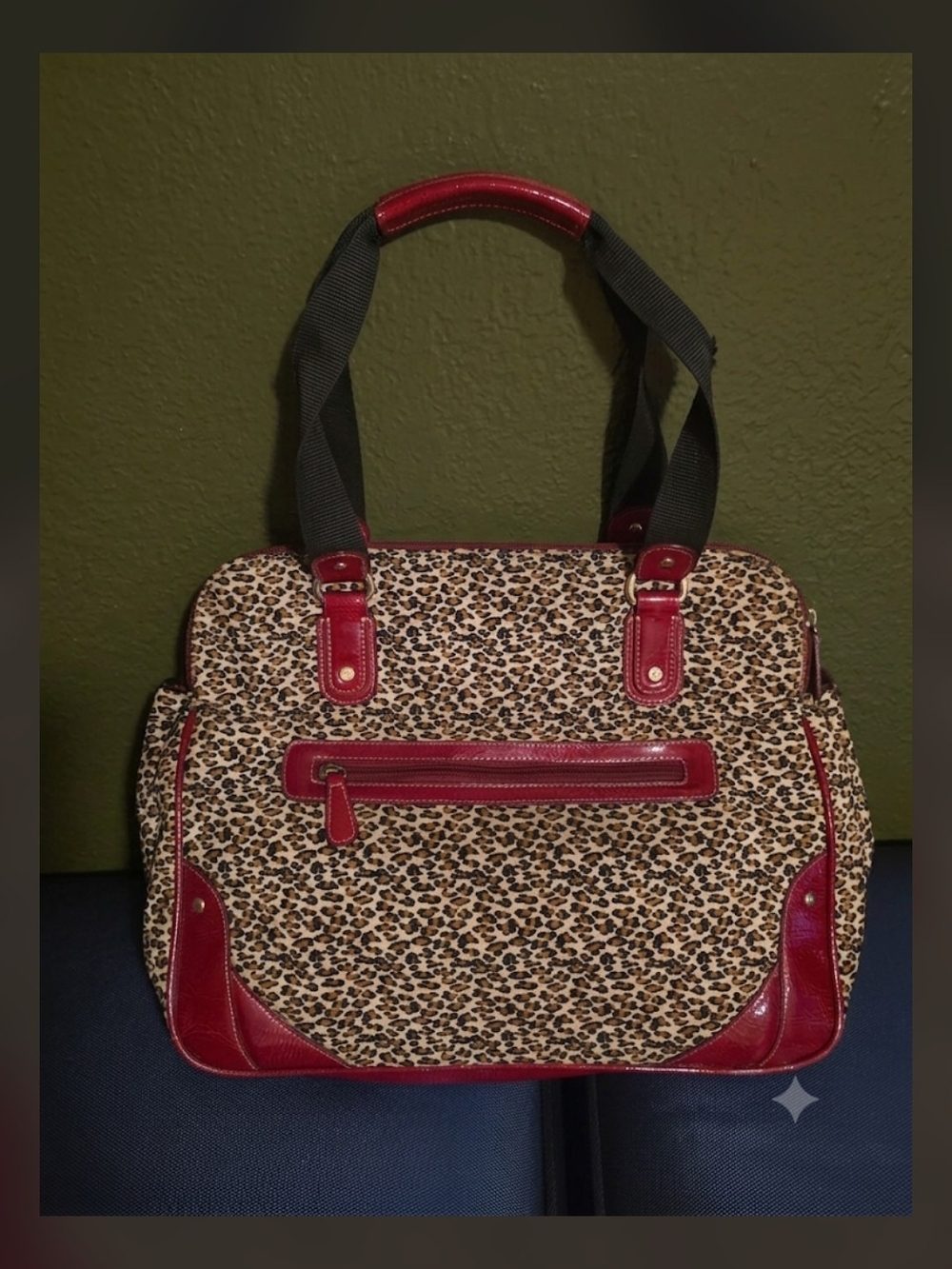 Vintage 90s Y2K Liz Claiborne Leopard Print Tote Bag, Red Shine Fabric